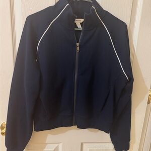 SPANX Dark Blue Bomber Jacket with White Piping